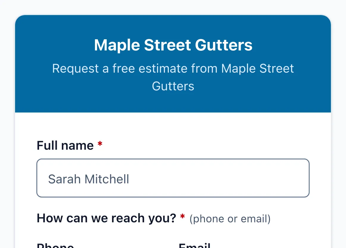 A contractor's booking form on a phone: Request a free estimate from Maple Street Gutters, with fields for name, phone and email.