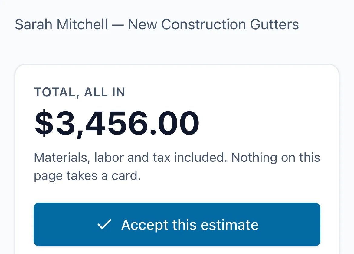 What the homeowner sees: Estimate for Sarah Mitchell, the all-in total, and an Accept this estimate button.