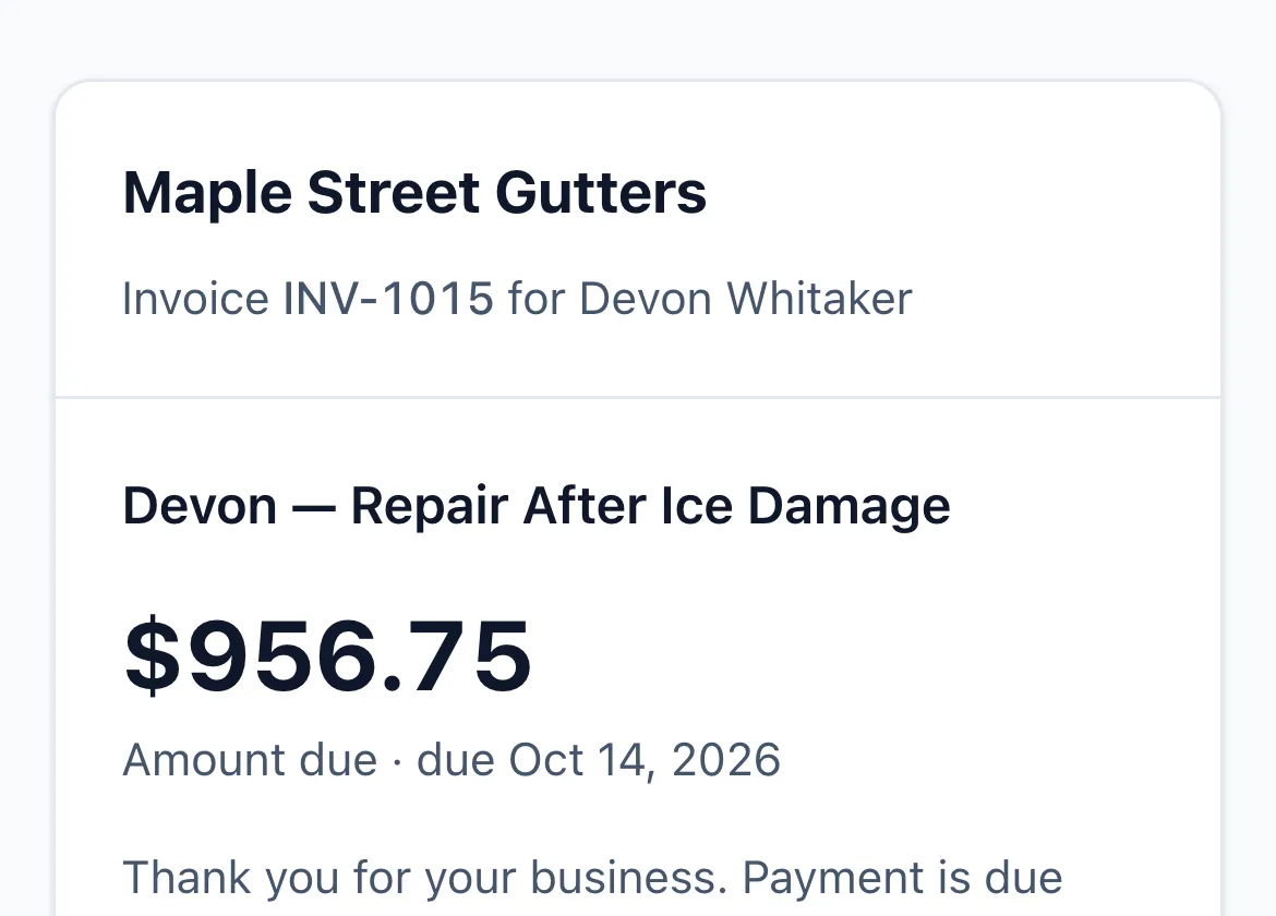 An invoice as the customer sees it on a phone: the amount due, the due date, and how to pay the contractor.