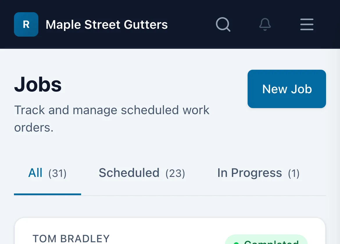 The jobs list on a phone: each job with its customer, date, status and the technician assigned.